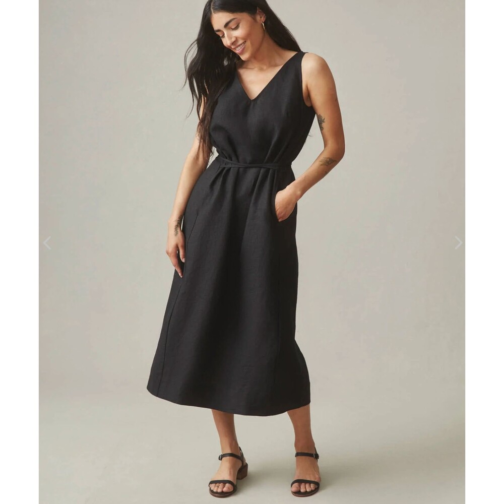 American Giant Midi Dress Womens XS Black Linen Tie Waist Pockets V-Neck NEW - Picture 6 of 9
